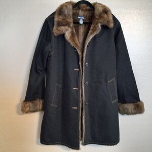 Vintage 90s Denim & Co Faux Fur Long Denim Coat Jacket